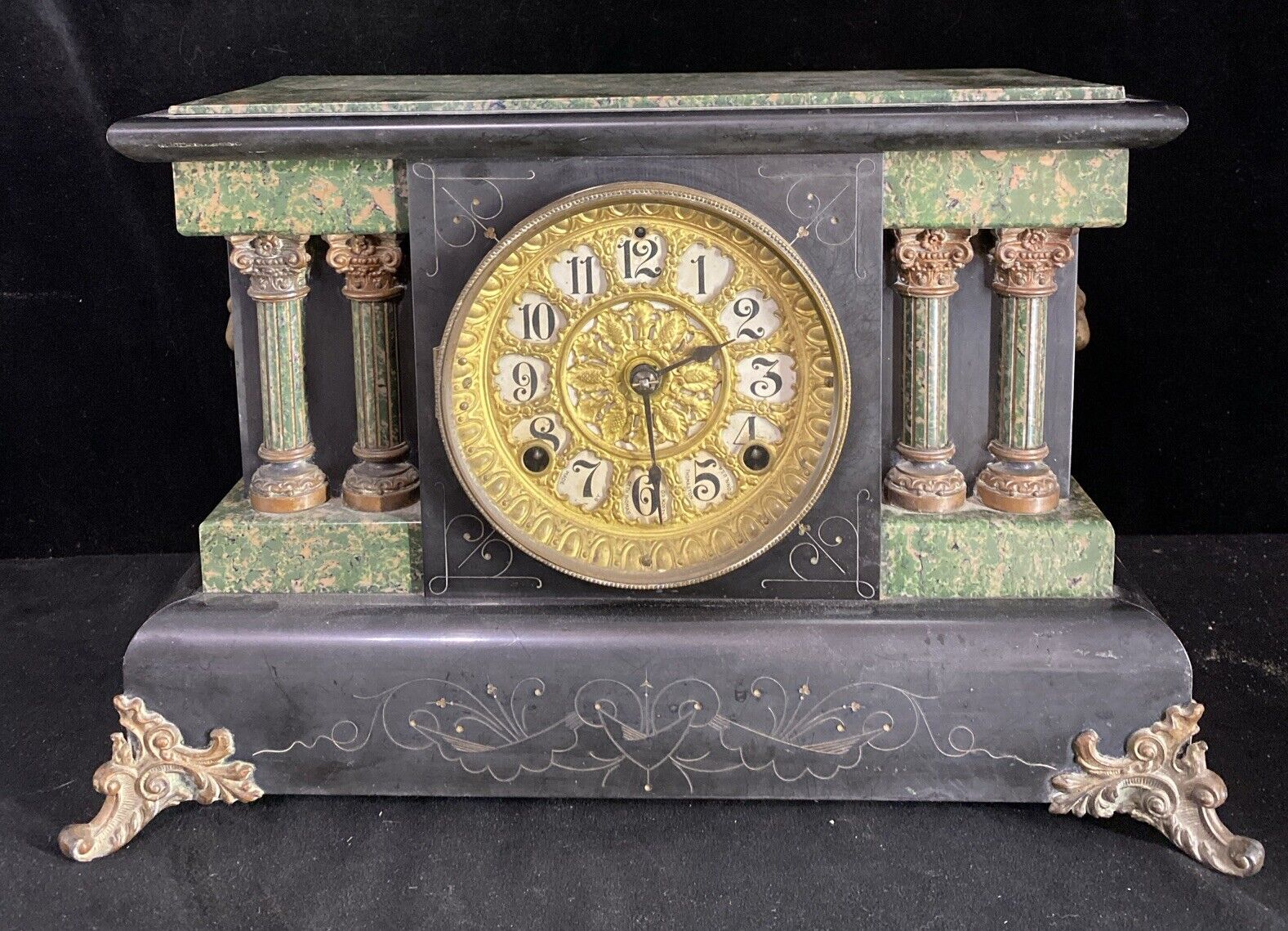Seth Thomas Adamantine Faux Marble Mantle Clock Antique Cir. 1880 Works With Key