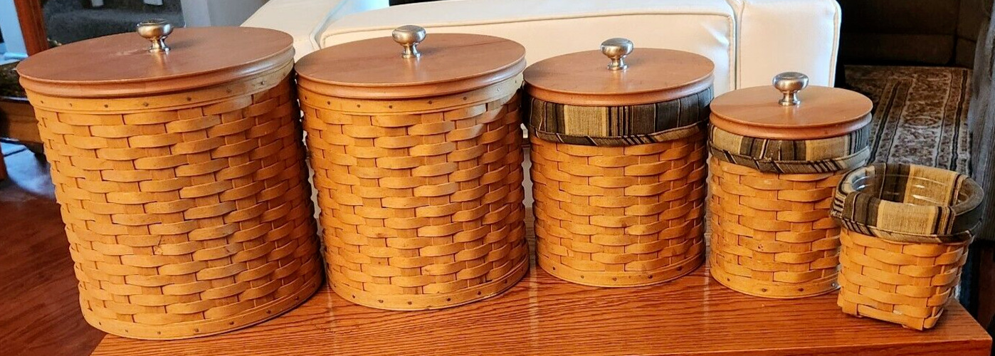 Longaberger Basket 21-Pc Canister Set w Wooden lids, Protectors & Liners & Extra