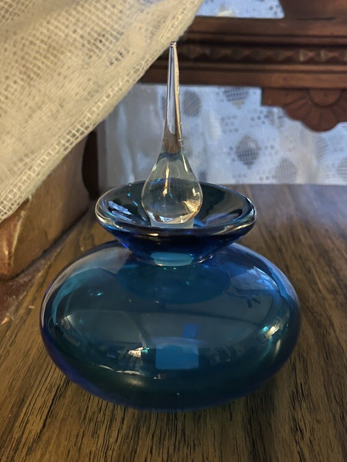 Vtg Blue Glass Perfume Bottle w/ Clear Stopper