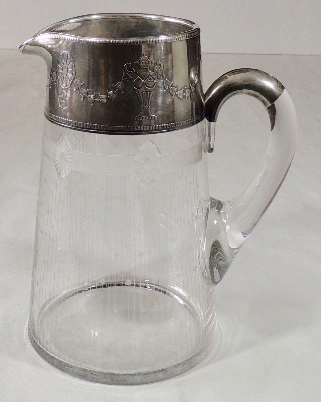 Vintage Crystal Etched Pitcher W/Sterling Silver Collar And Partial Handle EUC