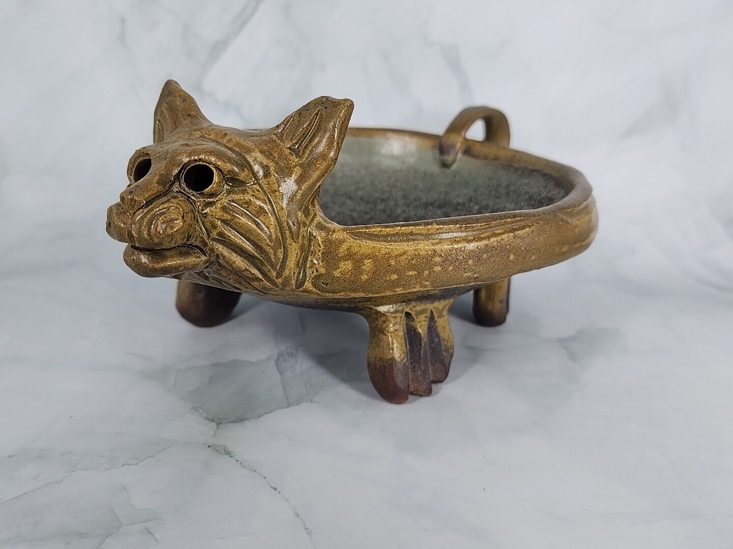 Brutalist Cat Sculpture Footed Dish Signed Earthenware Wood Fired  Art Pottery