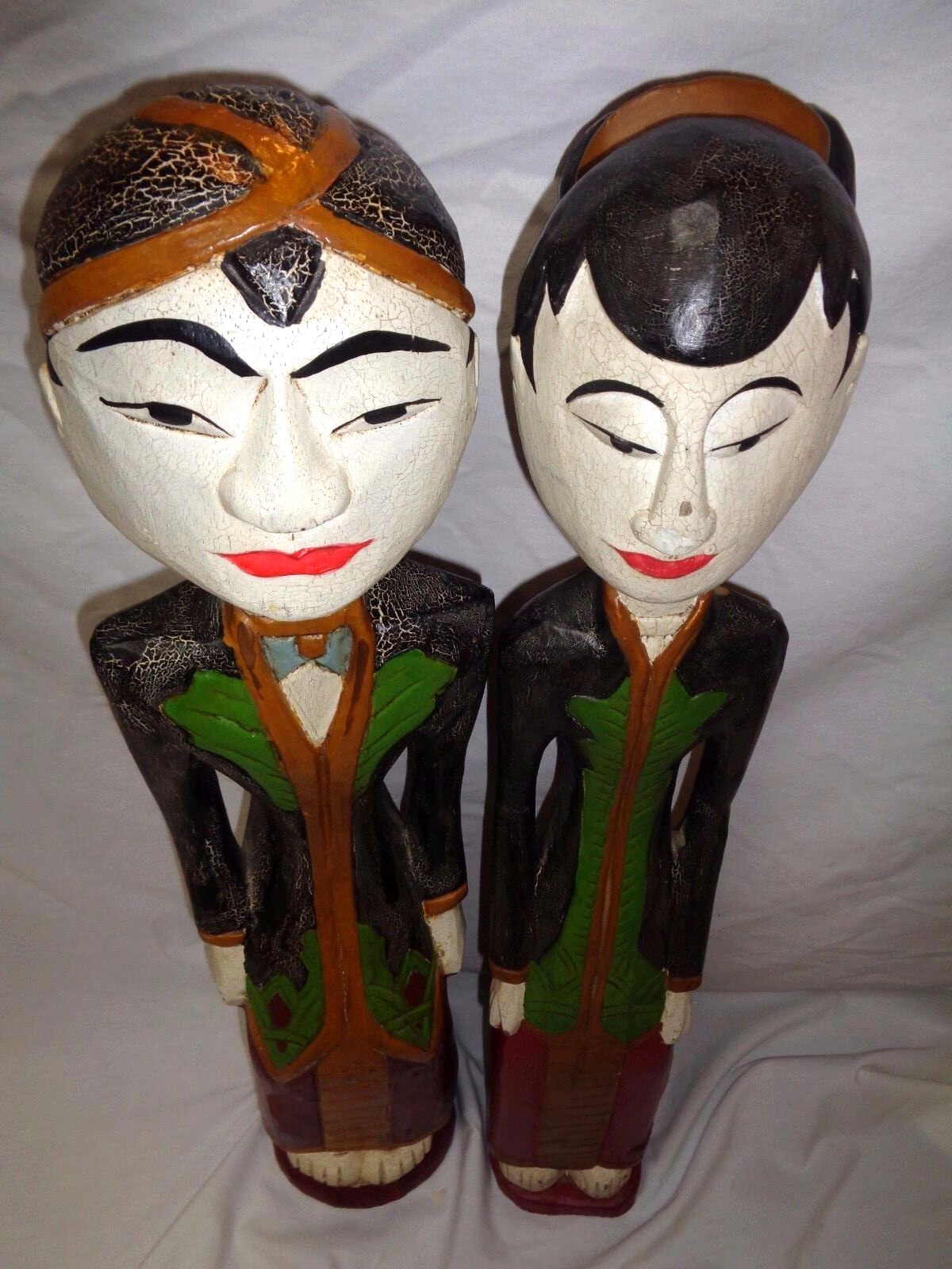 Vtg Wood Carved Javanese Wedding Couple Man Woman Statues Balinese Art Sculpture