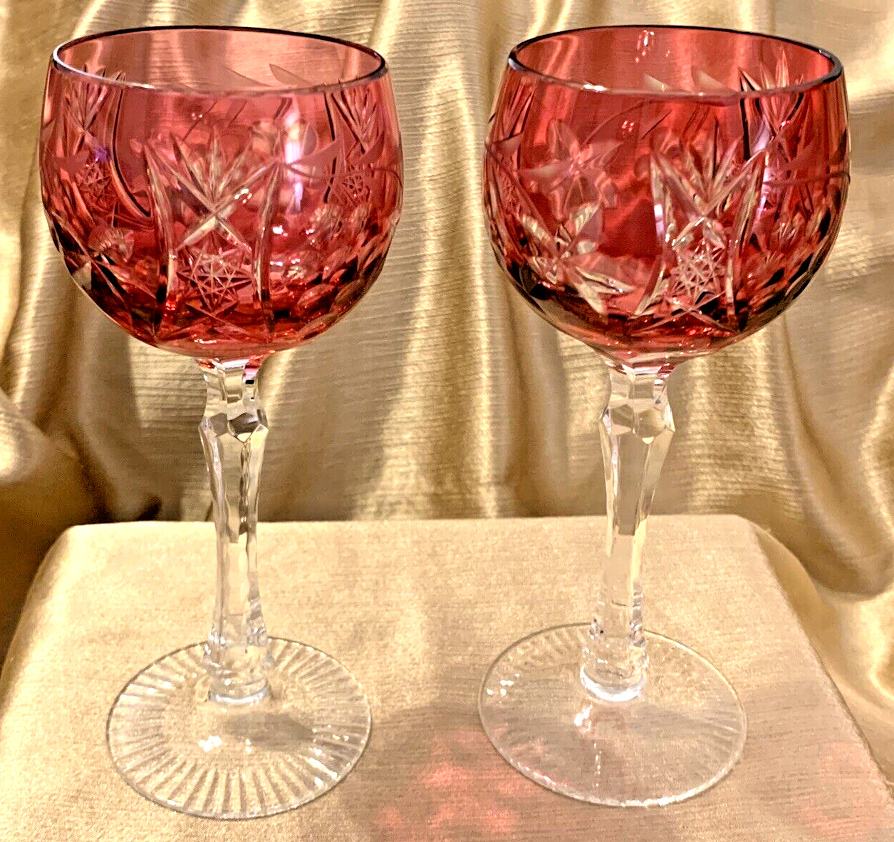 Pair BEYER BEZ1 CRANBERRY Crystal Hock Wine Cut-to-Clear VTG Germany - Minty