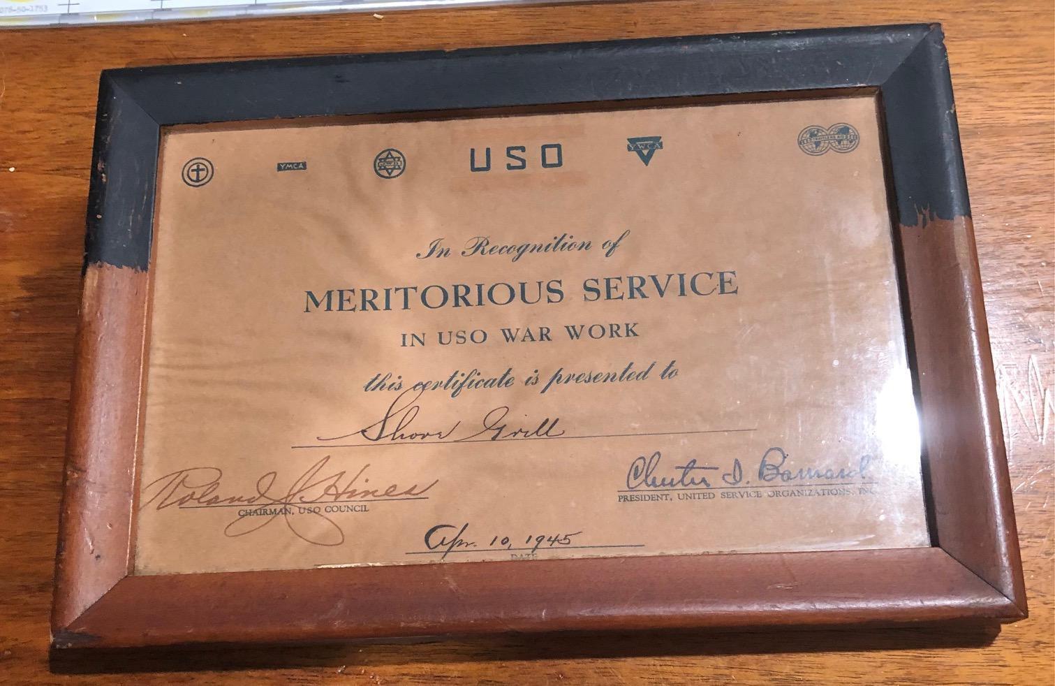 1945 USO Merit Service Award War Work WWII Signed Plaque RARE