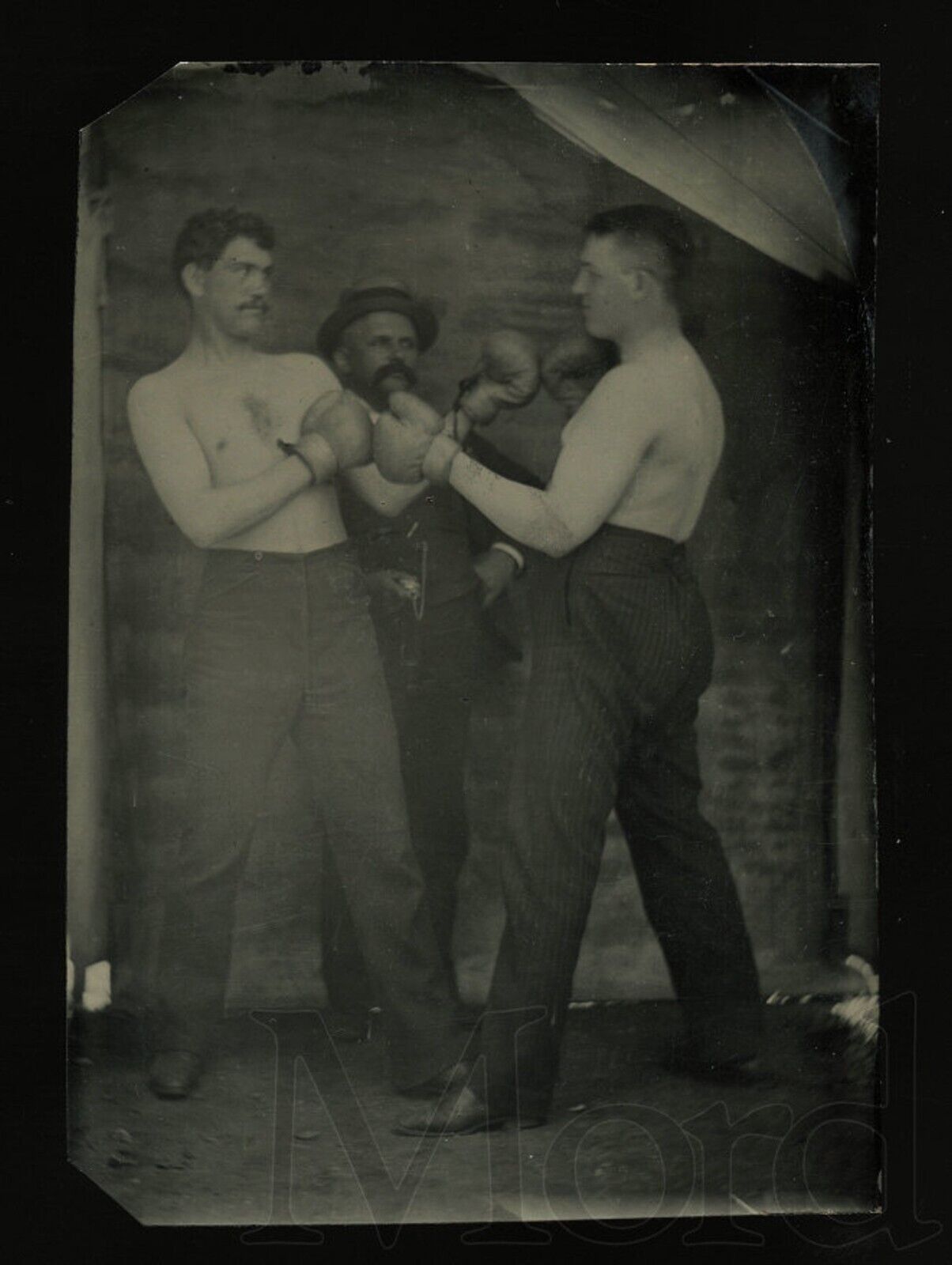 antique tintype photo Shirtless Boxers with Referee 1800s