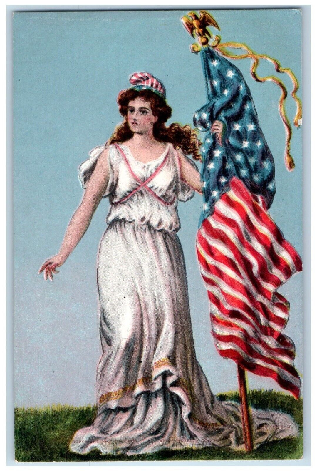 c1910's Miss Liberty Hat Curly Hair Holding Flag Patriotic Antique Postcard