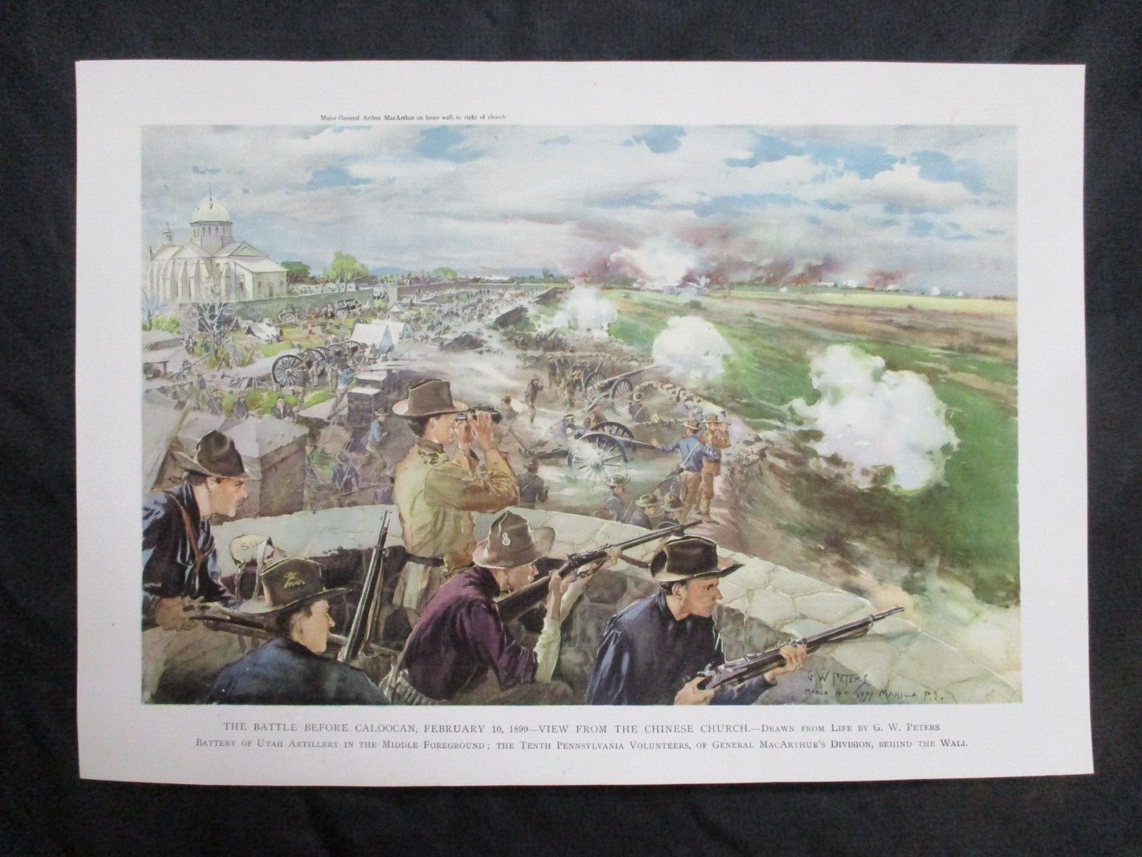 1899 Spanish American War Lithograph Print- Gen. Arthur MacArthur & Utah Battery