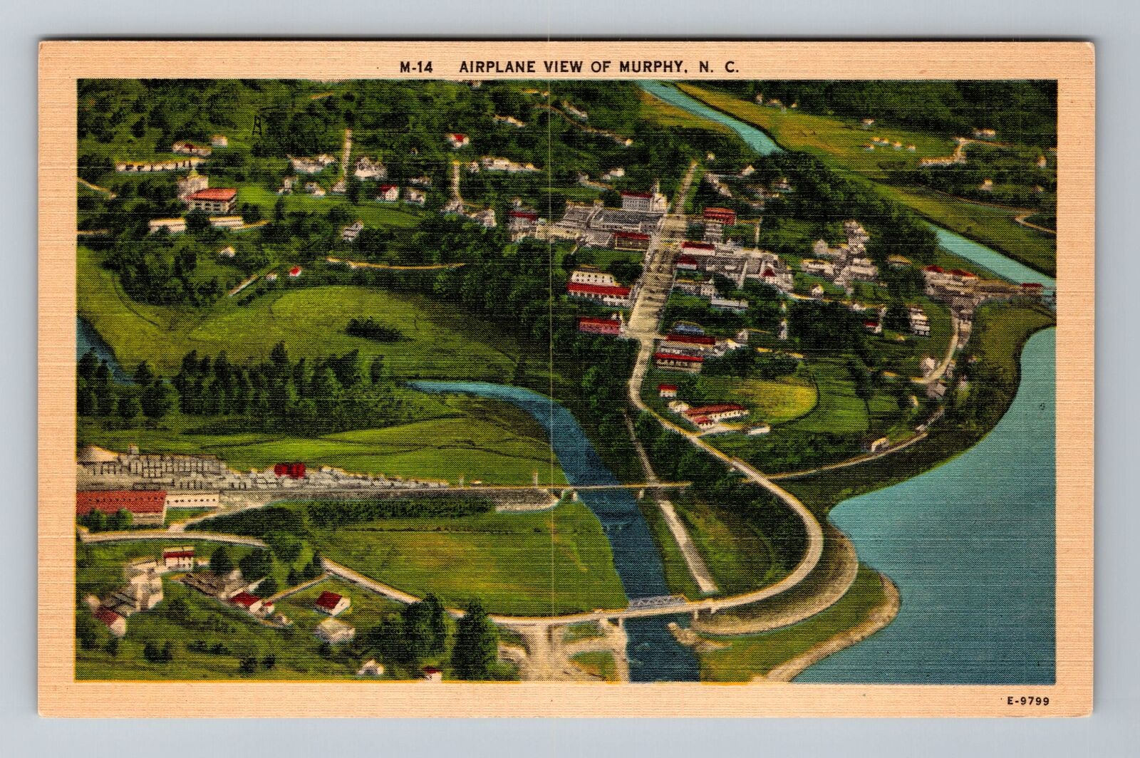 Murphy NC-North Carolina, Airplane View City, River, Vintage Postcard