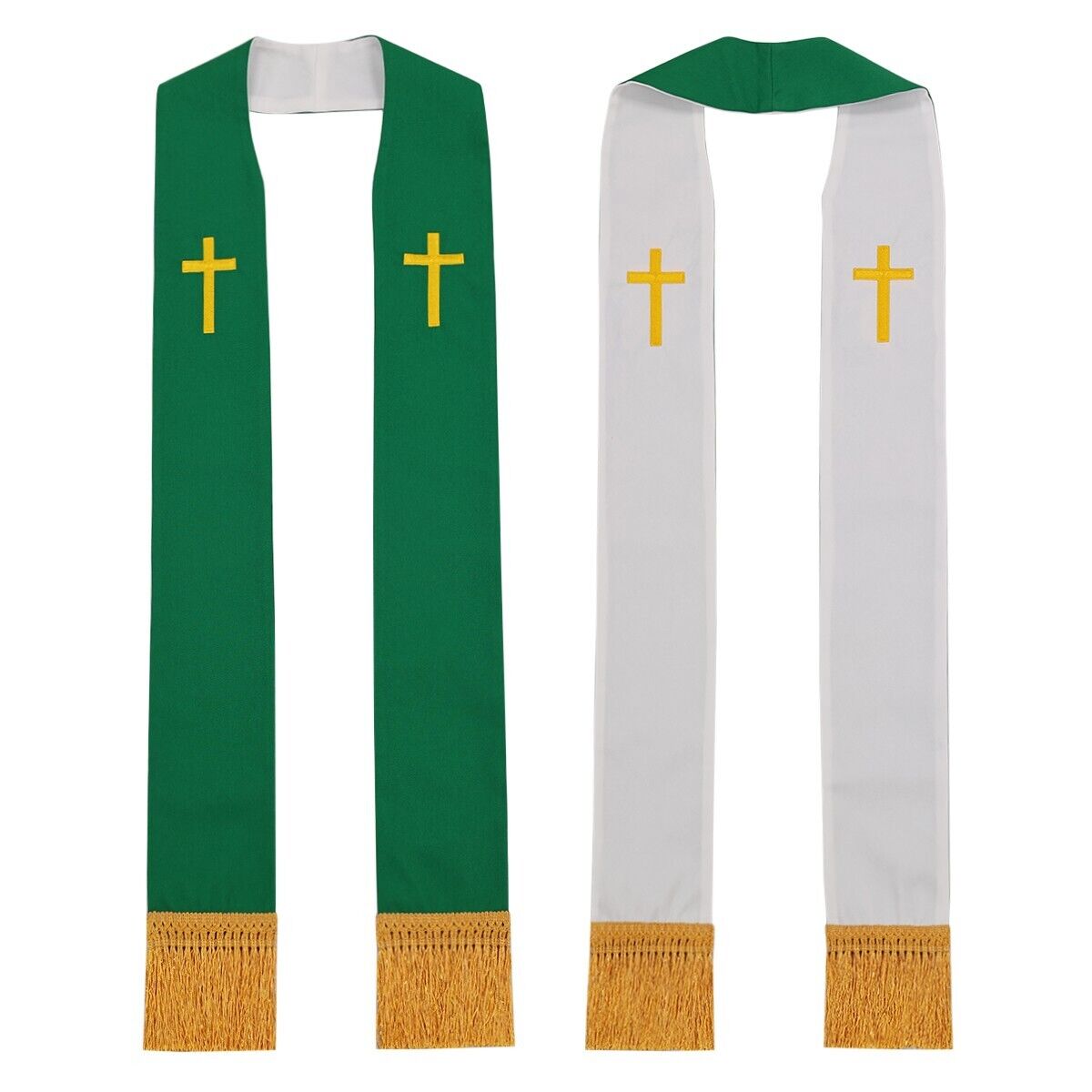 Priest White&Green Reversible Stole Clergy Pastor Stole Cross Embroidery Fringe