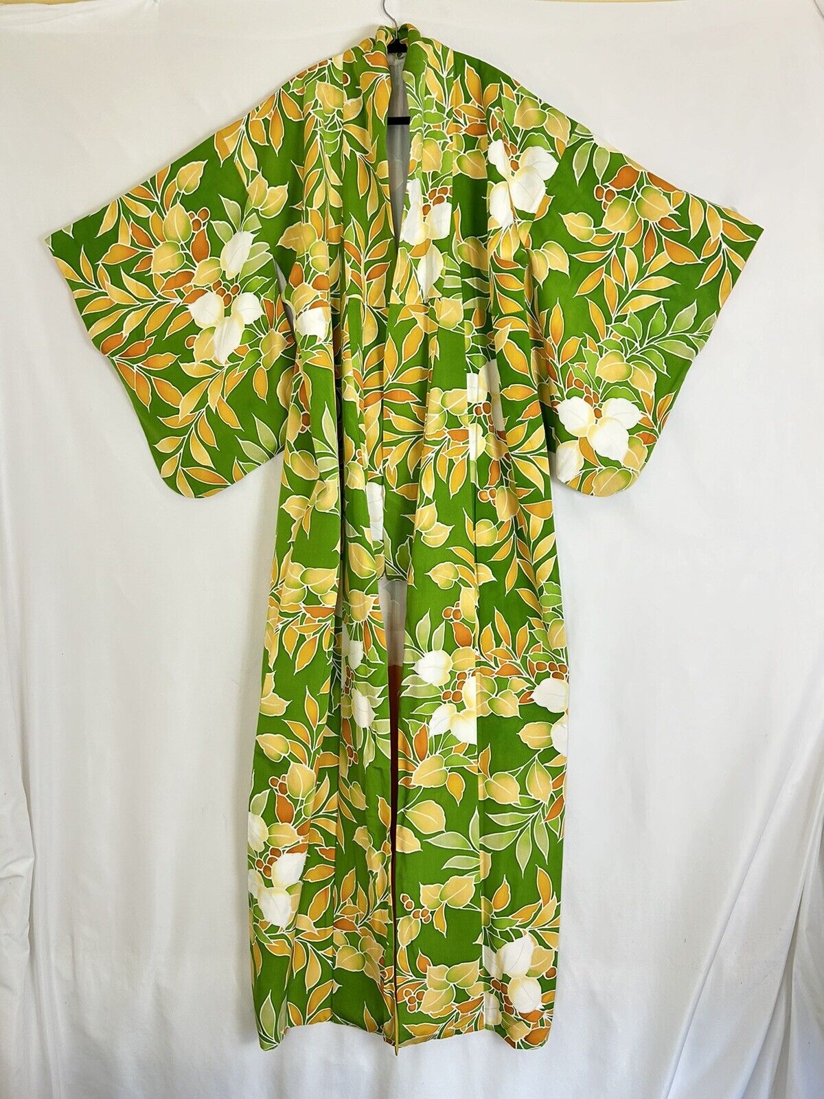 Silk Kimono Ceremonial Vintage Floral Green White Yellow Watercolor Robe Coat