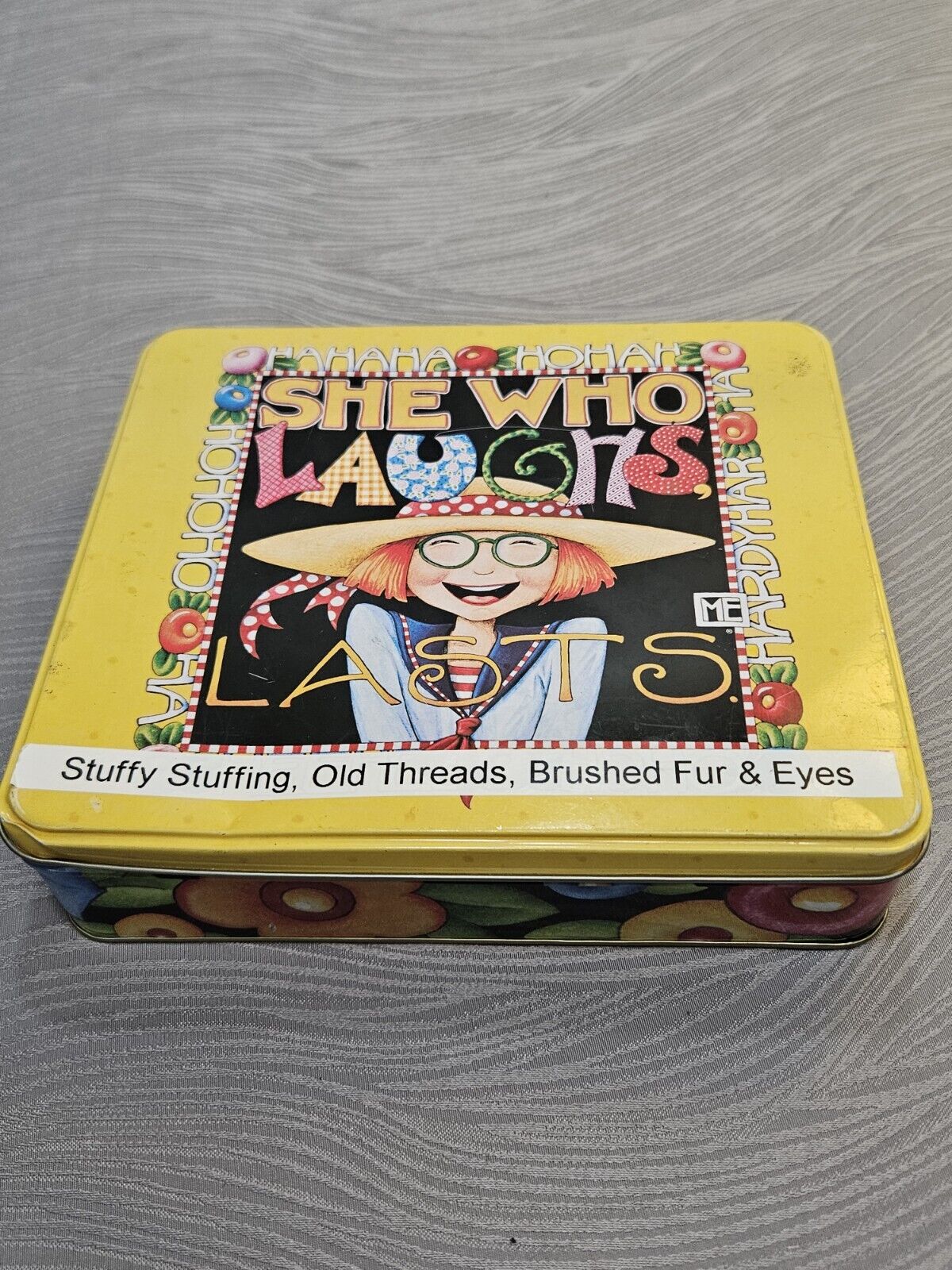 Mary Engelbreit SHE WHO LAUGHS LAST Metal Tin Storage Hinged Box Yellow Floral