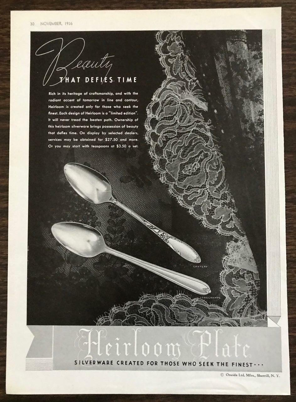 1936 Heirloom Plate Silverplate Ad Beauty That Defies Time Chateau Longchamps