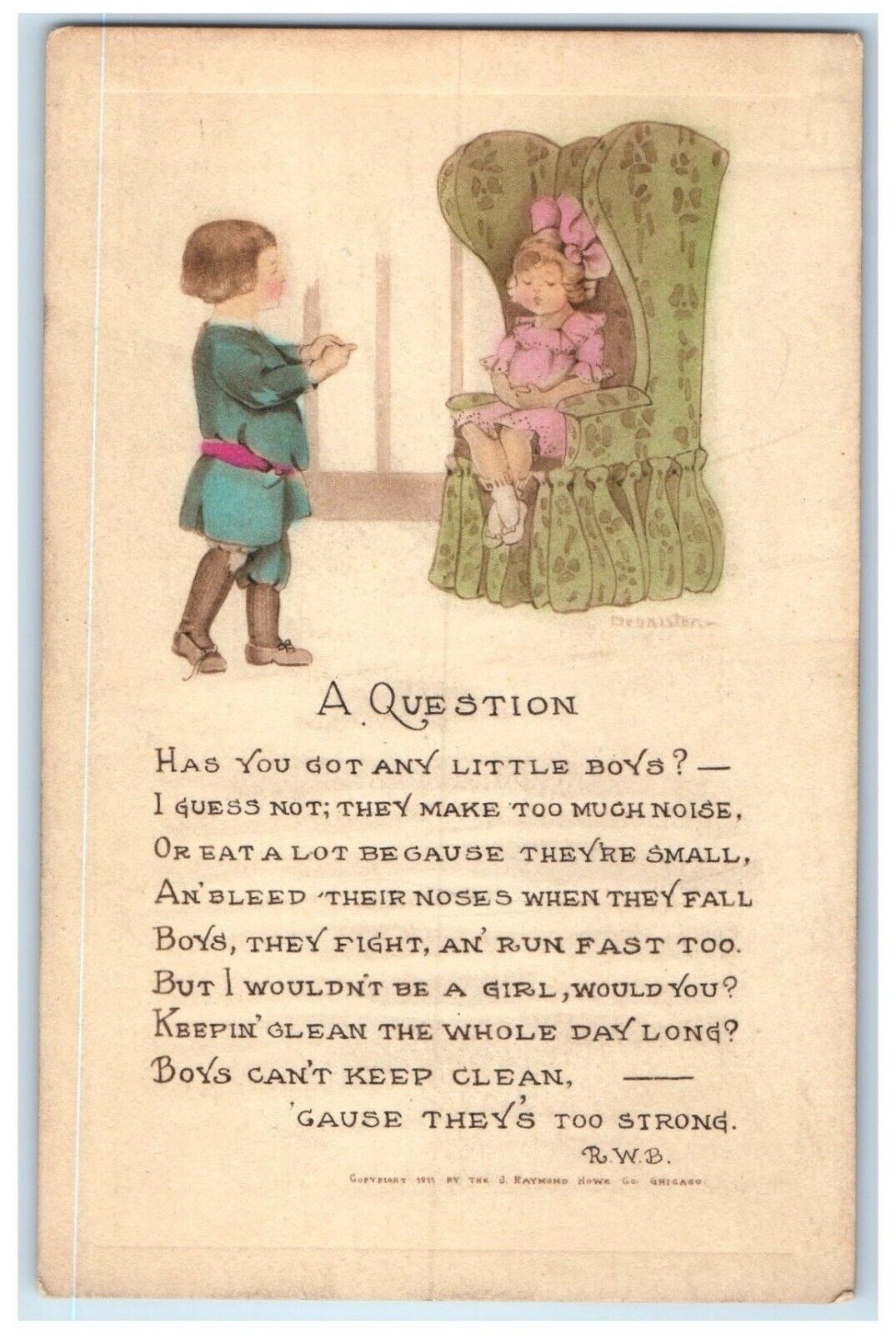 c1910's Raymond Howe Children A Question Boys Can't Keep Clean Antique Postcard