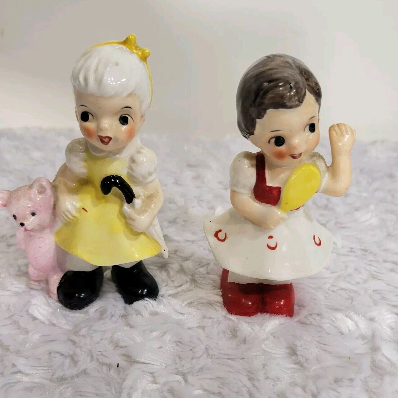 Vintage JAPAN UCAGCO 1950s Ceramic Figurine Girl lot of two teddy bear