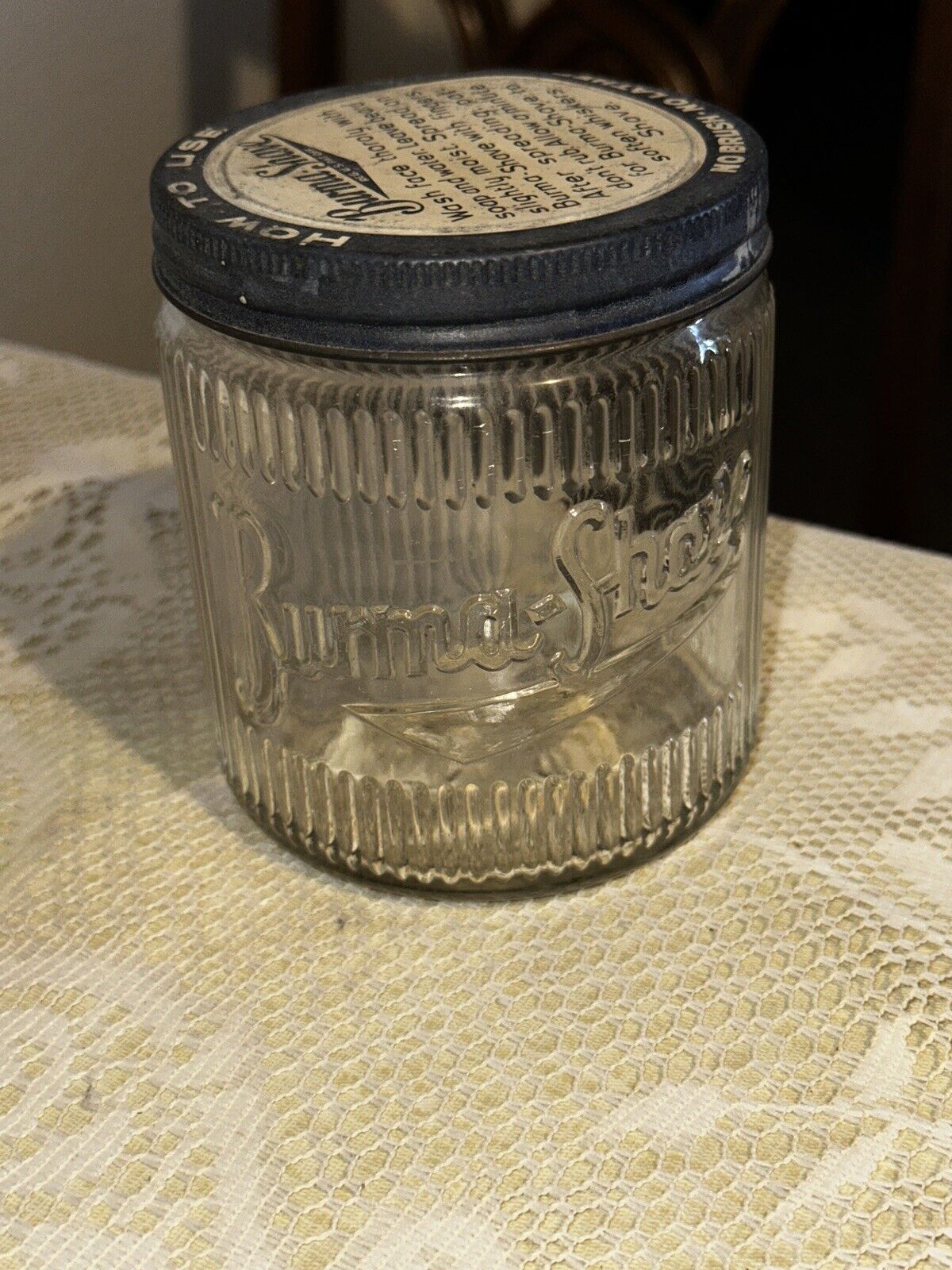 Vintage 1930s Burma Shave Embossed Ribbed Jar and Original Lid Minneapolis 4.2”