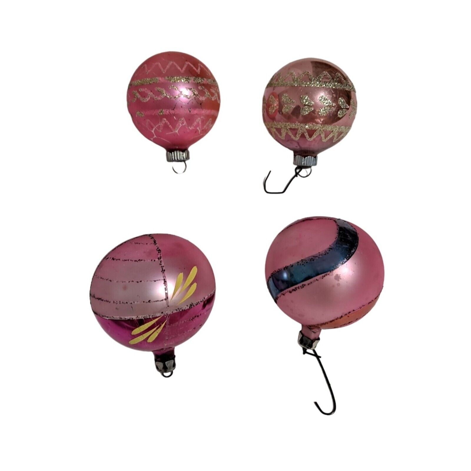 Vintage Christmas Ornaments Pink Mica Glitter Mercury Glass Medium Size Set Of 4