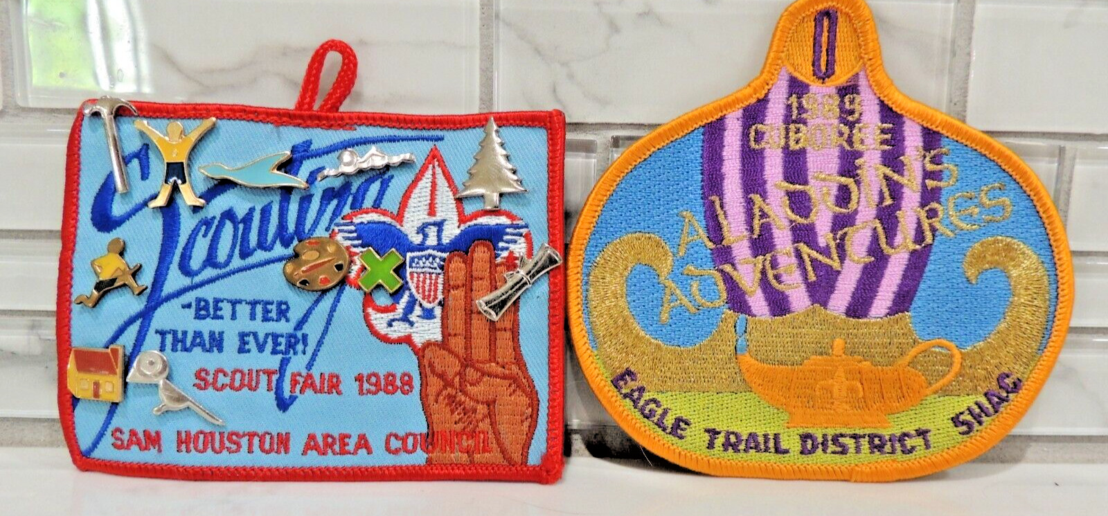 Vtg. 1988-89 Sam Houston Fair & Aladdins Adventures Boy Scouts Patches with Pins