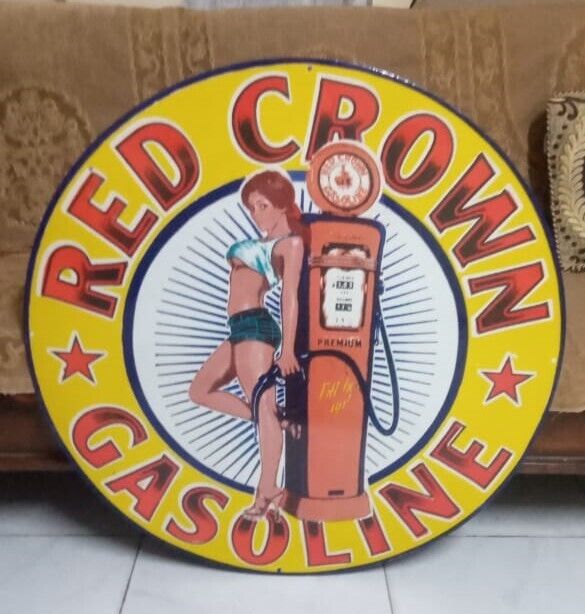 Red Crown Gasoline  Porcelain Enamel Heavy Metal Sign 30 incehs  Single Side