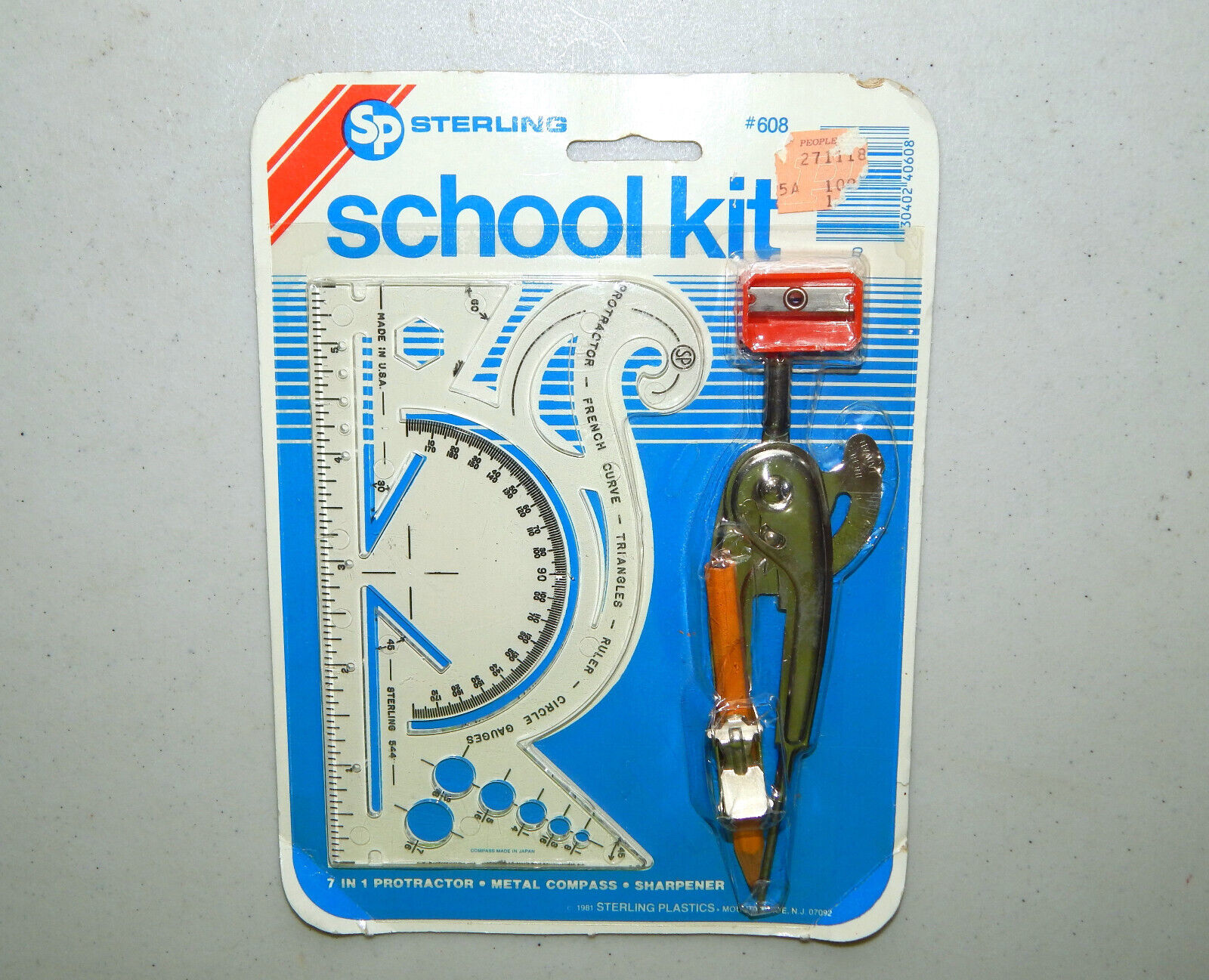 VTG NOS 1981 Sterling School Kit Protractor Metal Compass Sharpener 