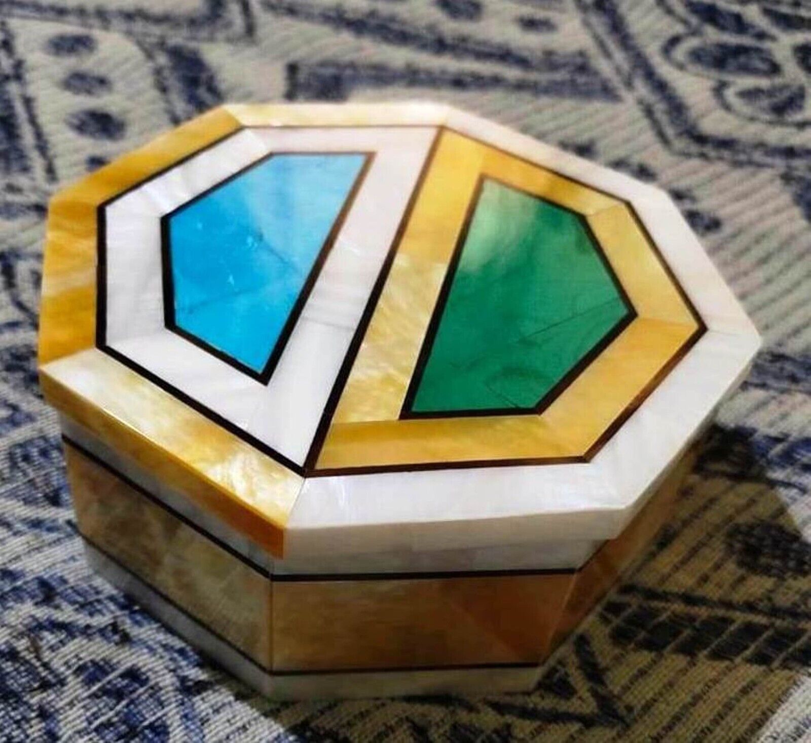 Octagon Marble Jewelry Box Antique Pattern Overlay Work Dressing Table Decor Box
