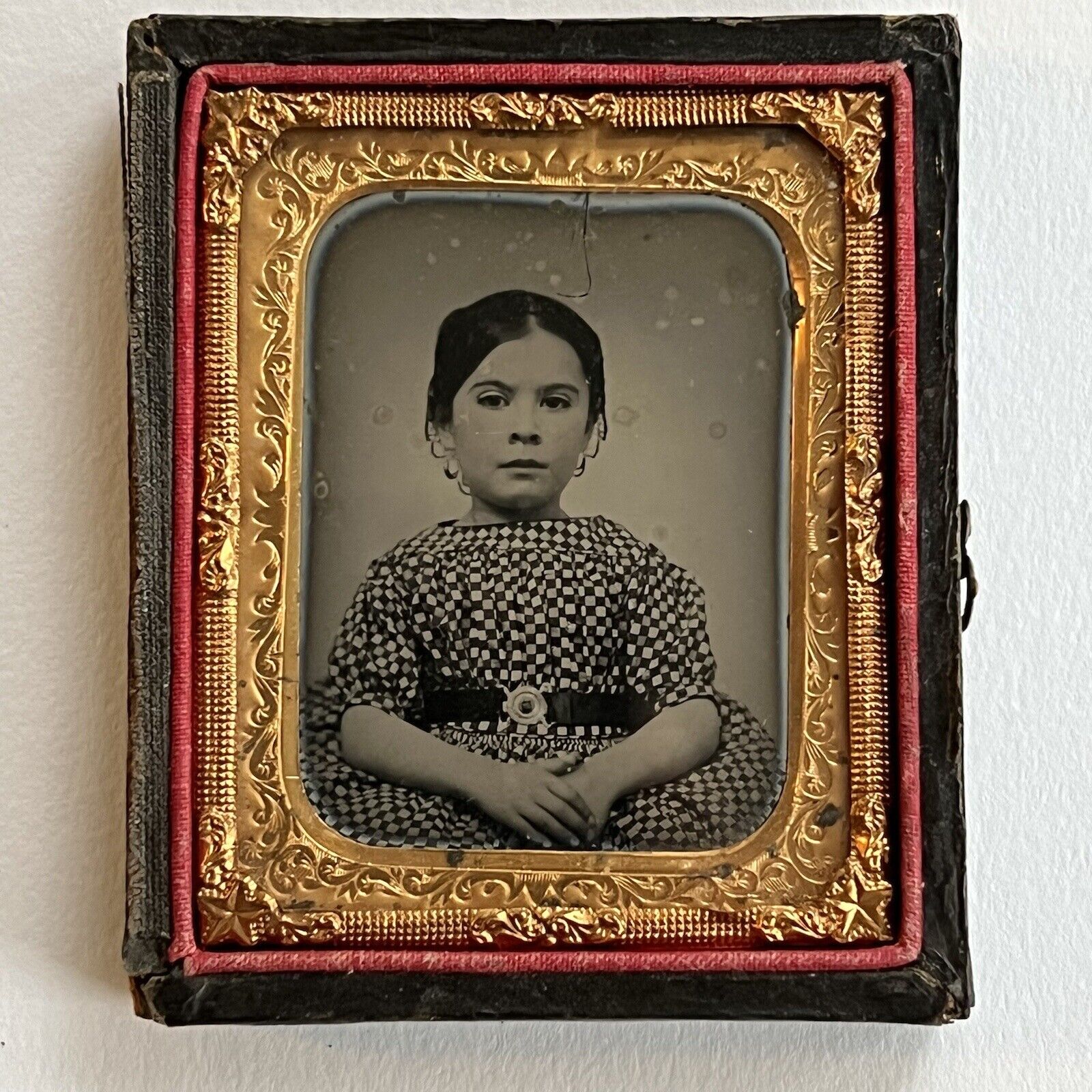Antique Ambrotype Photograph Adorable Little Girl Wonderful Checkered Dress