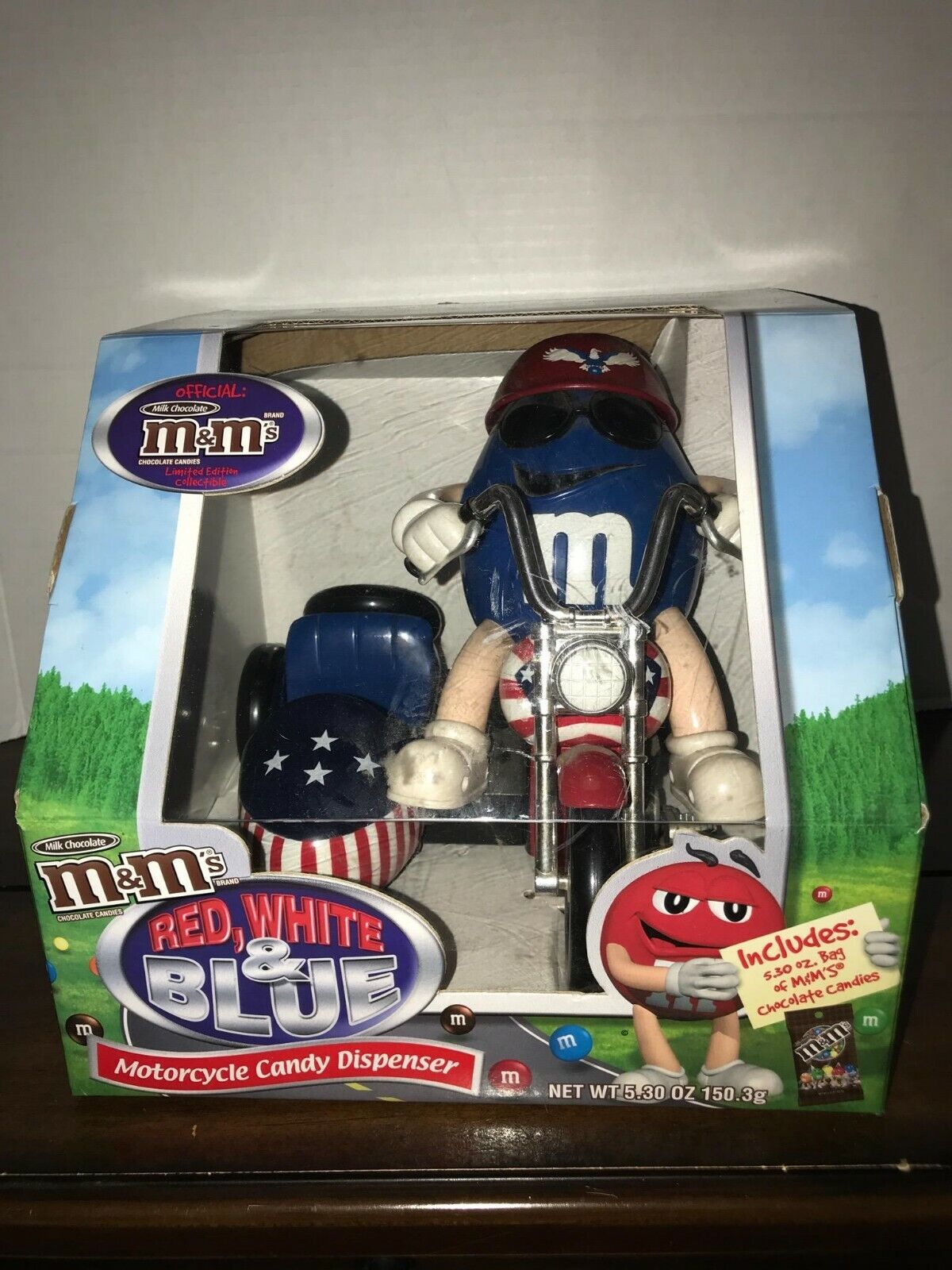 M&M\'s Red White & Blue Freedom Rider Motor Cycle Candy Dispenser MARS CIB