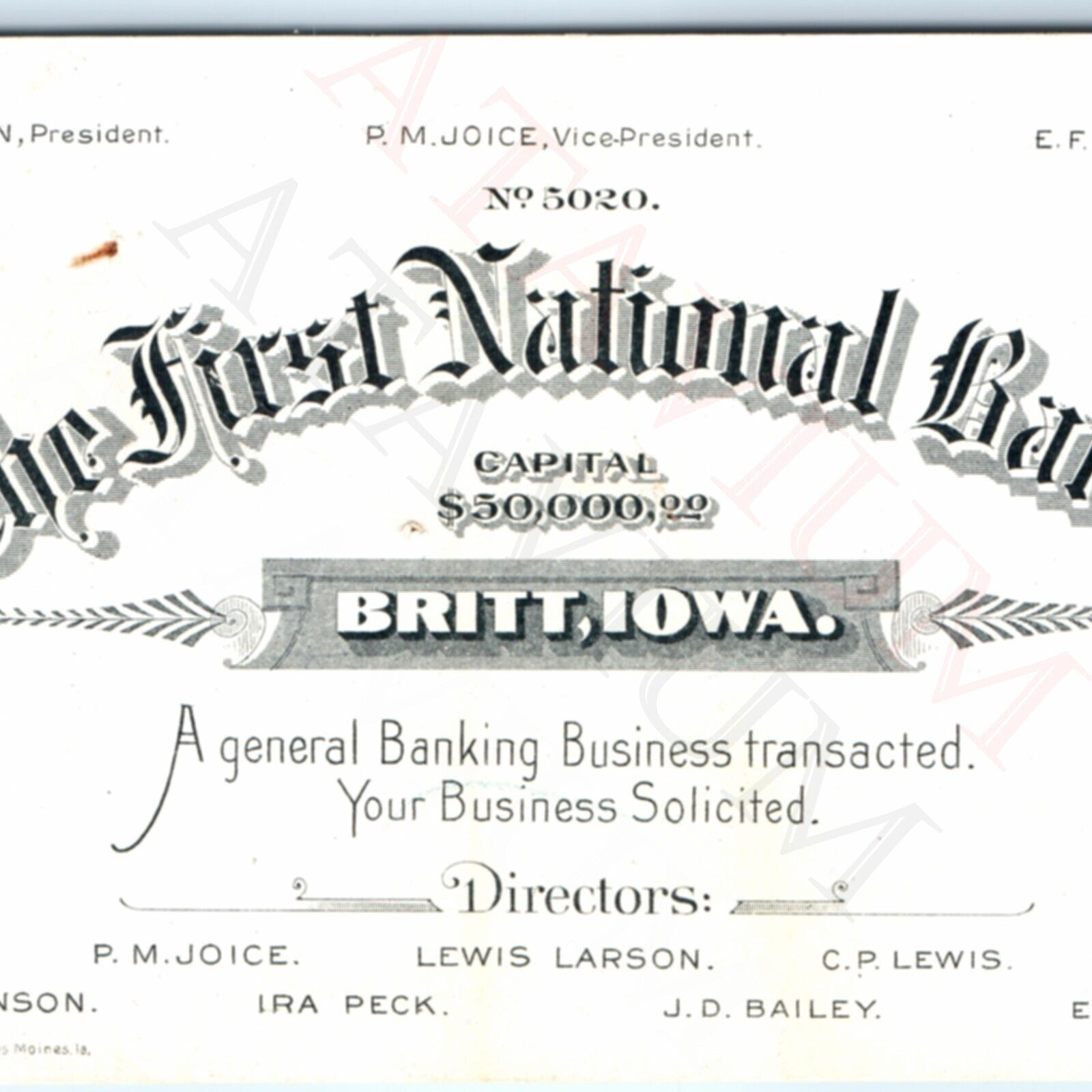 c1890s Britt, Iowa First National Bank Art Lith Engraved Business Trade Card C45