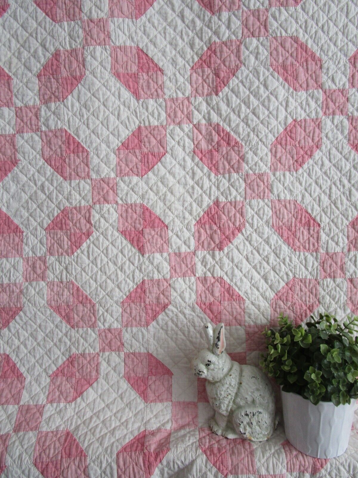 Vintage Hand Quilted Patchwork Quilt, PINK, ANTIQUE WHITE, 66 X 76, COTTON, NICE