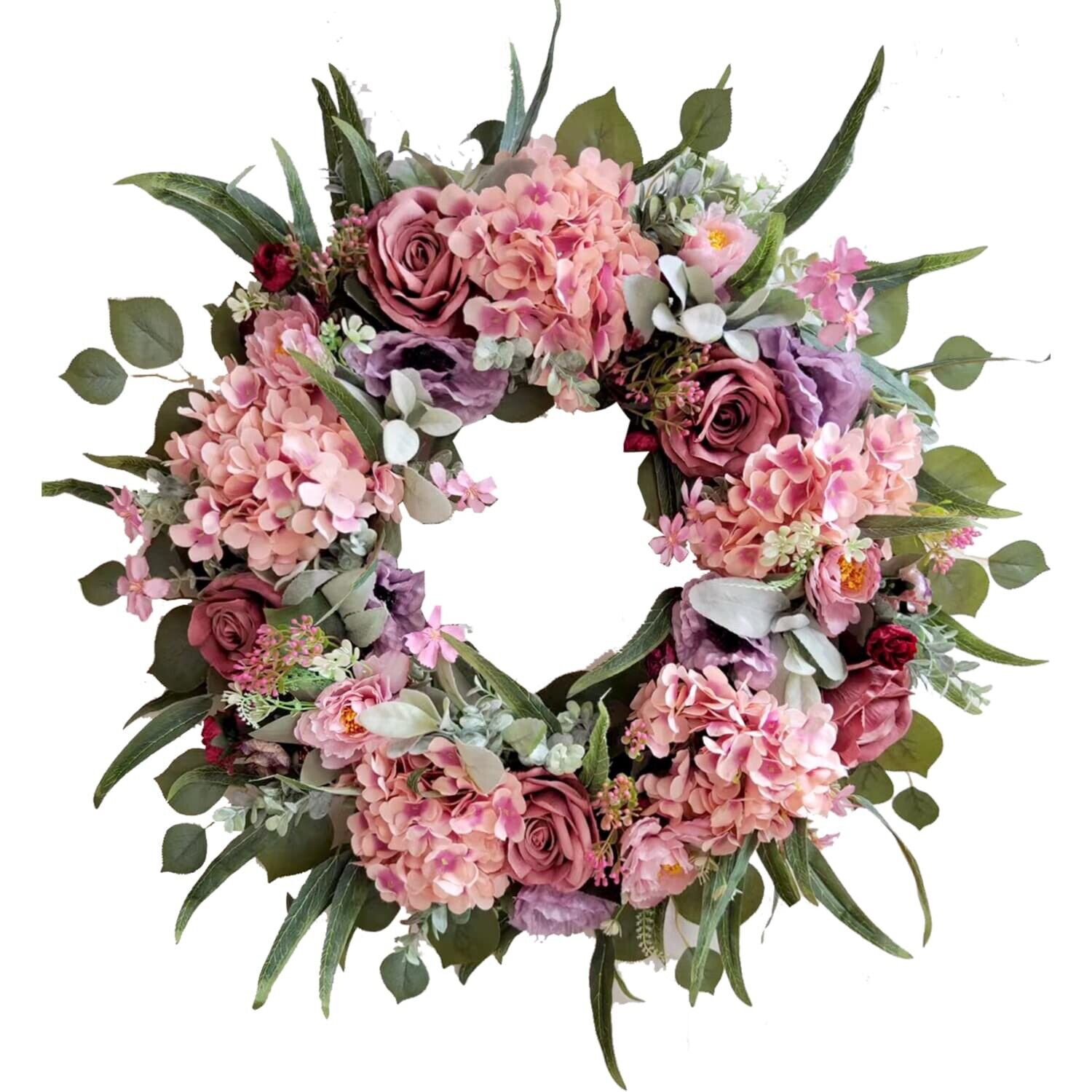 Summer Hydrangea 24” Floral Wreath For Front Door Or Indoor Decoration