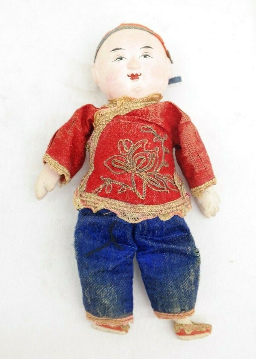 Antique Vtg Composite Chinese Hand Painted Doll Silk Clothing 6.5” MW