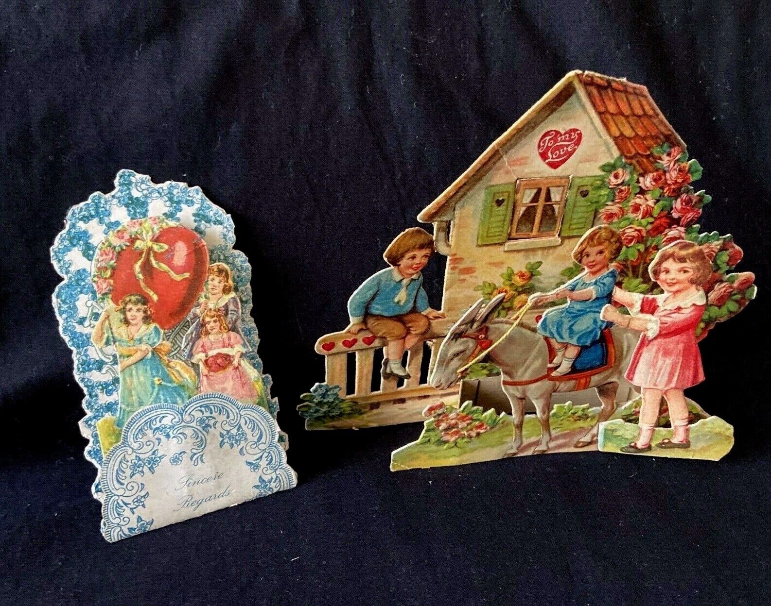 Vintage Valentine Cards Die Cut Fold Down Germany Fold Out Children Cottage