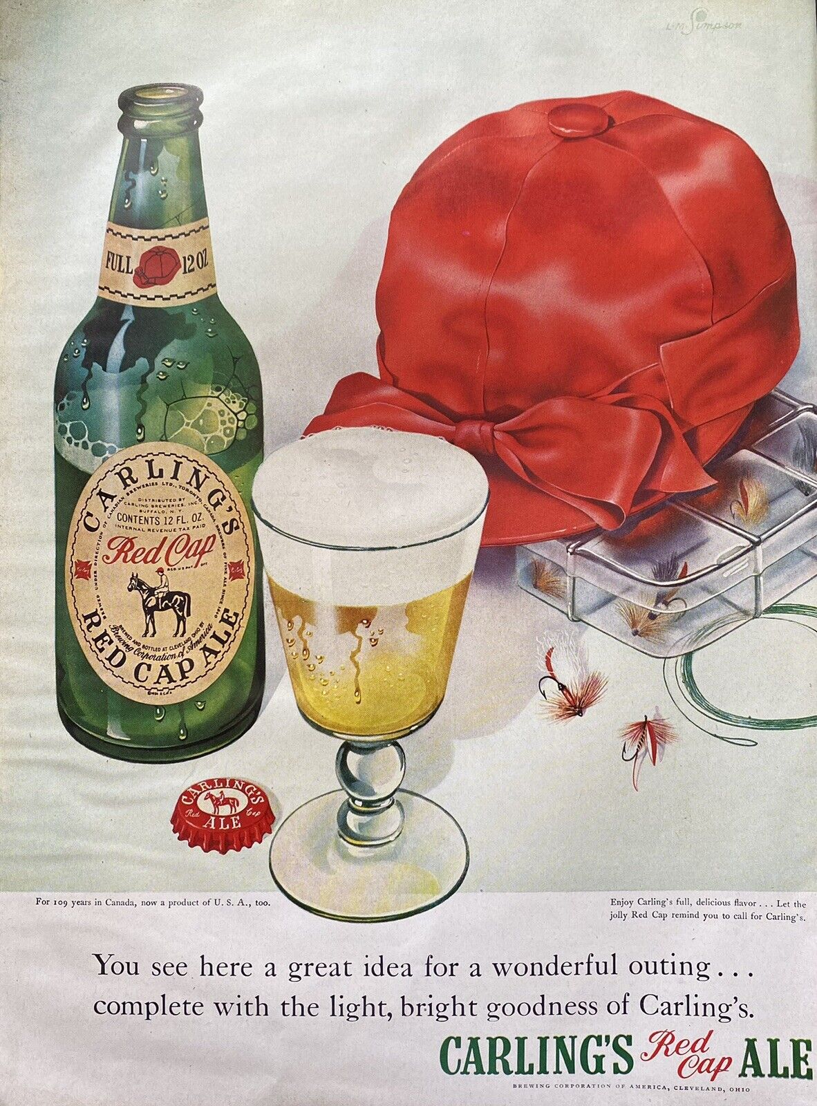 Vtg Print Ad 1949 Carling's Red Cap Beer Ale Father's Day Retro Bar Man Cave