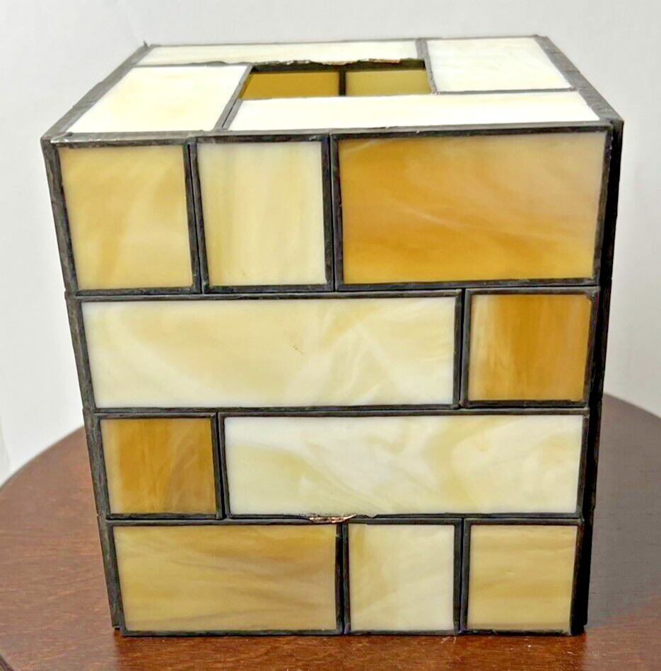 Vintage Stained Slag Glass Tissue Box Cover Holder Square Yellow & Gold
