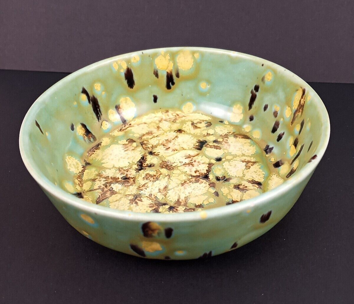 Bowl Made In Usa Unique Vtg Drip Glazed Green Gold Yellow Spatterware? 6 Inch