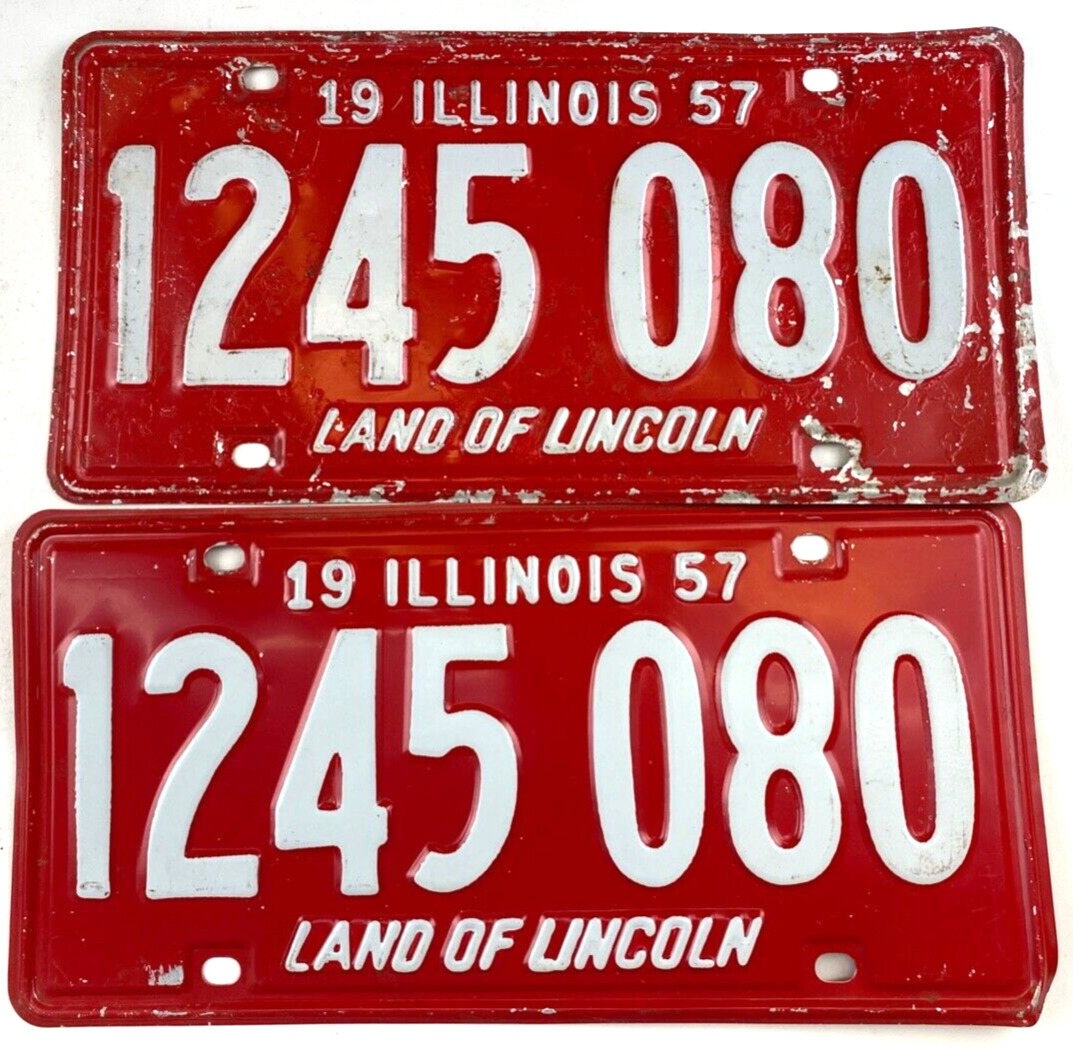 Illinois 1957 Vintage Auto License Plate Set 1245 080 Collector Man Cave Decor
