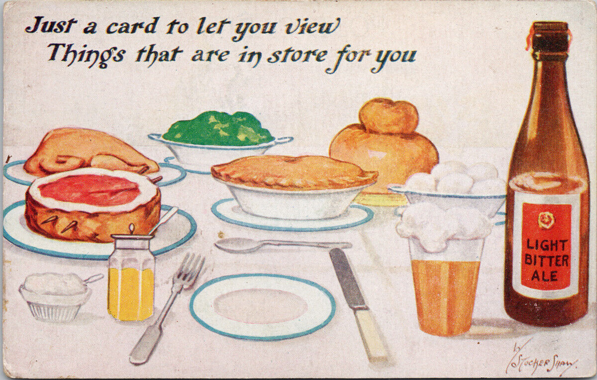 Food Pie Beer Ale Chicken Eggs Meat \'In Store For You\' Stocker Shaw Postcard F93