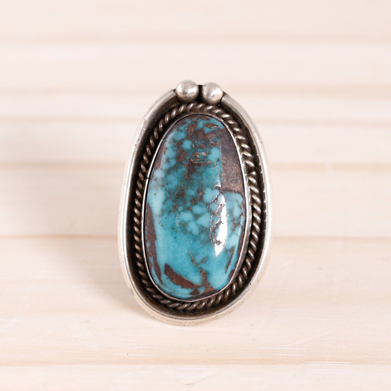 OLD PAWN STERLING SILVER BLUE TURQUOISE ROPE BORDER RAIN DROPS RING 5.5