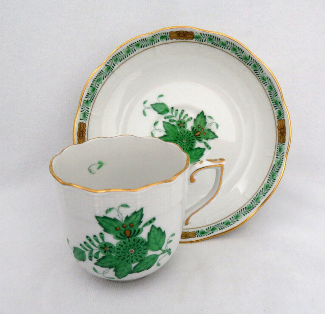 Herend Hungary Chinese Bouquet Green Demitasse Espresso Cup and Saucer #707