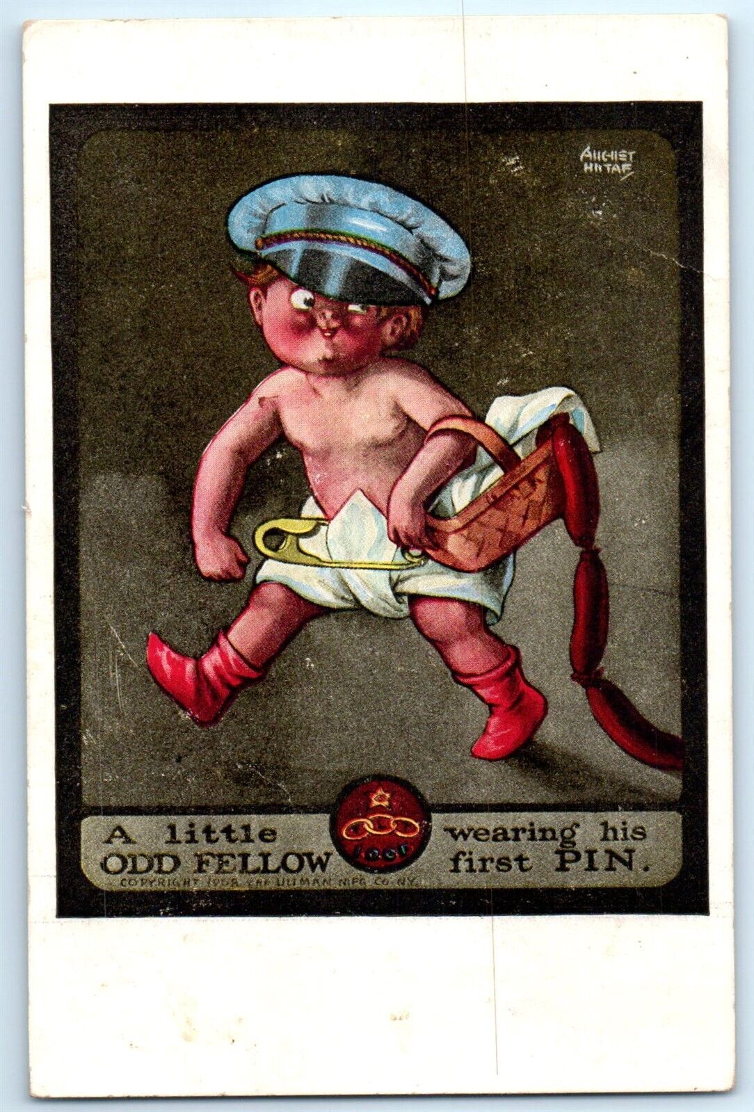 1908 Little Odd Fellow Humor Baby Diaper IOOF Fraternal First Pin Postcard QQ