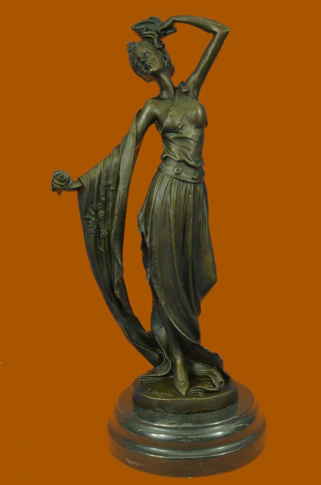 Bronze Sculpture Victorian Style Lady Holding Single Rose Flower Romantic Statue