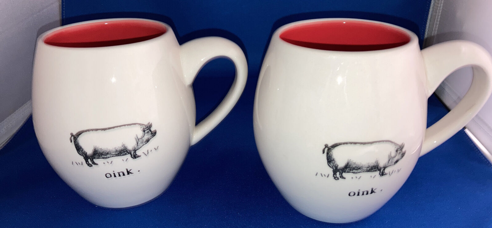 Rae Dunn M Vintage HTF Farm Line- Mug: Oink Pig Red inside Magenta Lot Of 2