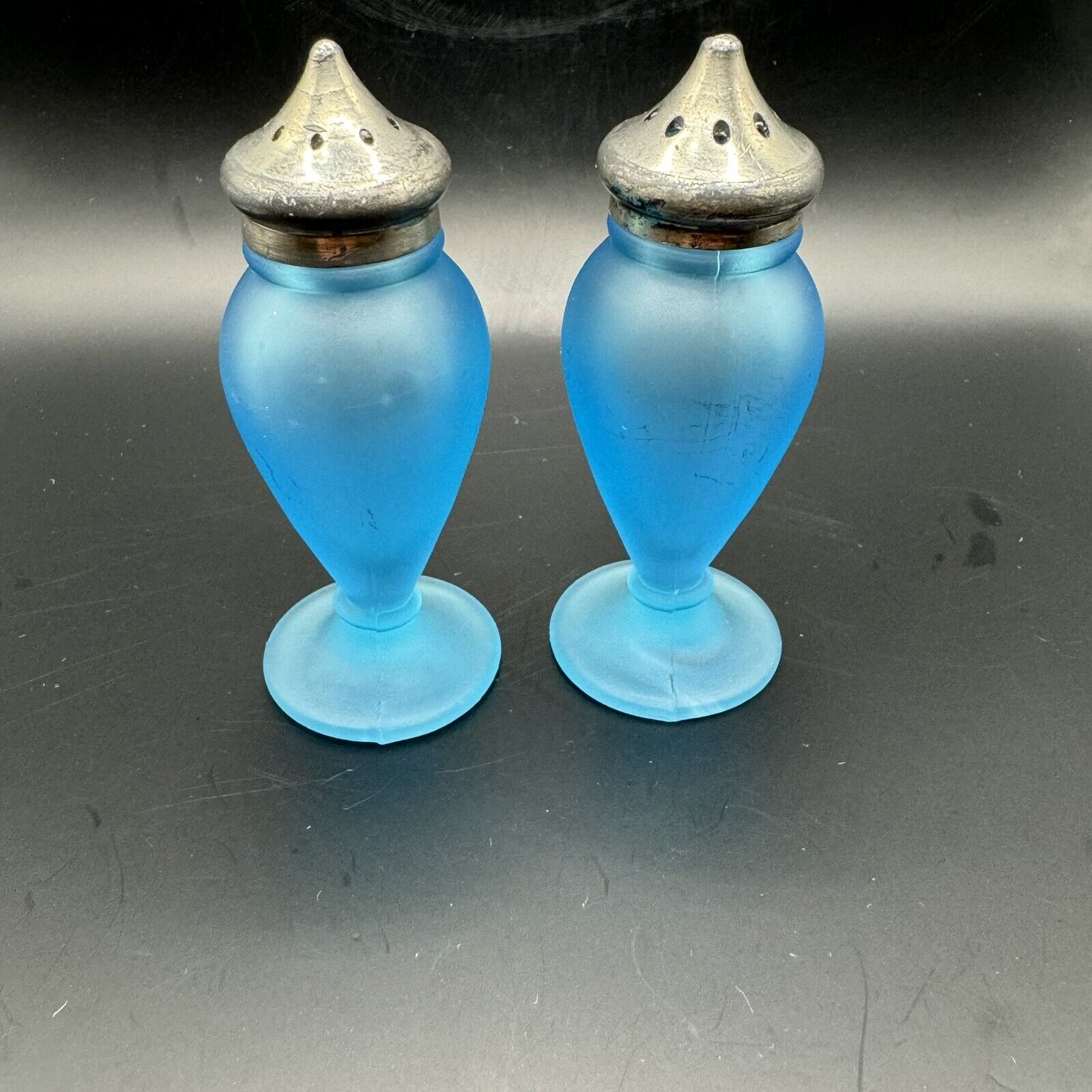 Antique Tiffin Glass Blue Satin Salt and Pepper Shakers