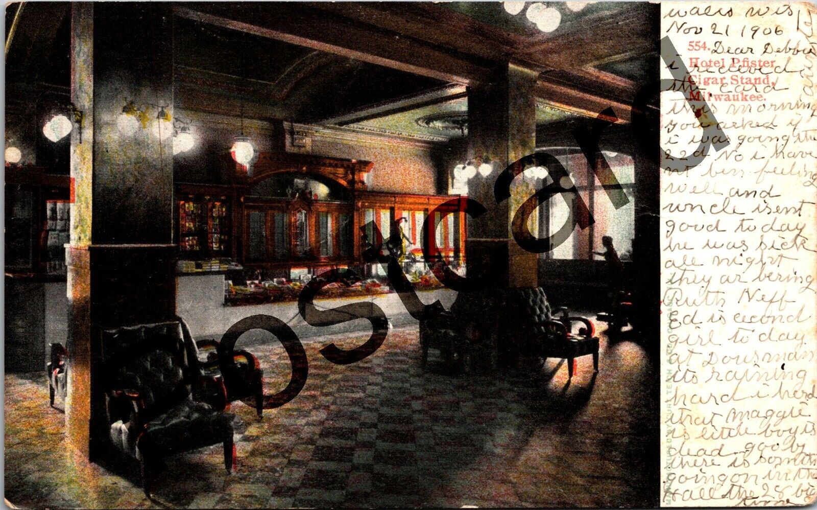 1906 MILWAUKEE WI, Hotel Pfister Cigar Stand, Curt Teich Co 554 Postcard  jj071