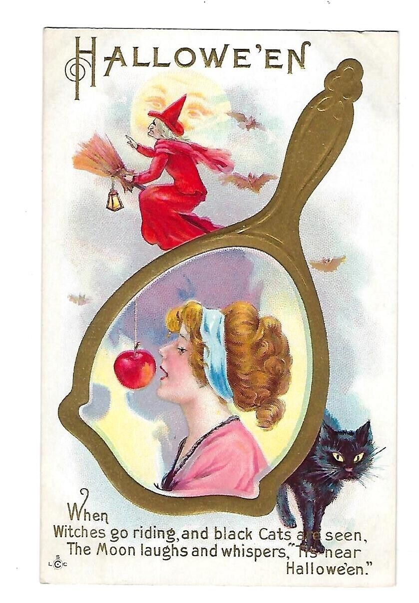 Early 1900\'s LSC. Co. Series #248 Halloween Postcard Witch, Black Cat, Mirror