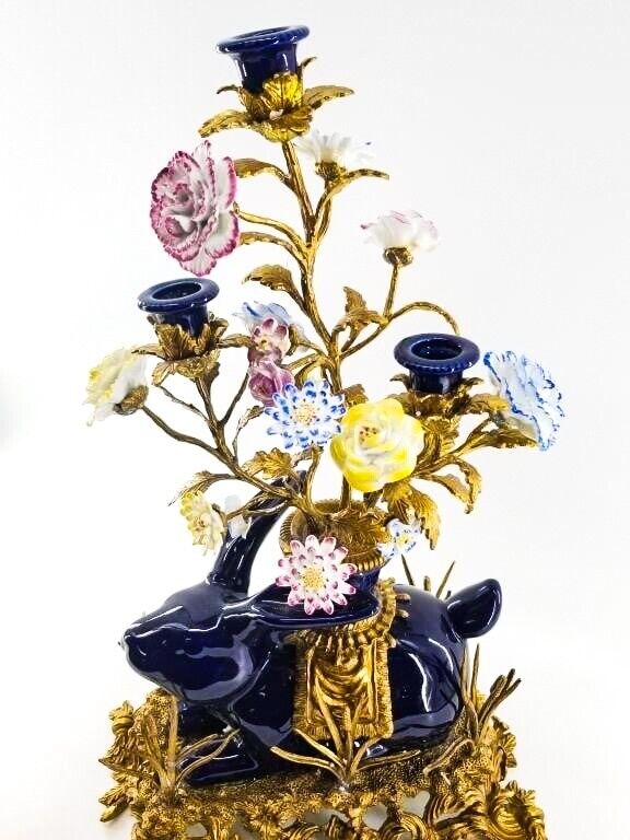 Rabbit Porcelain Candelabra on Bronze Base Flower Design Vintage French Decor
