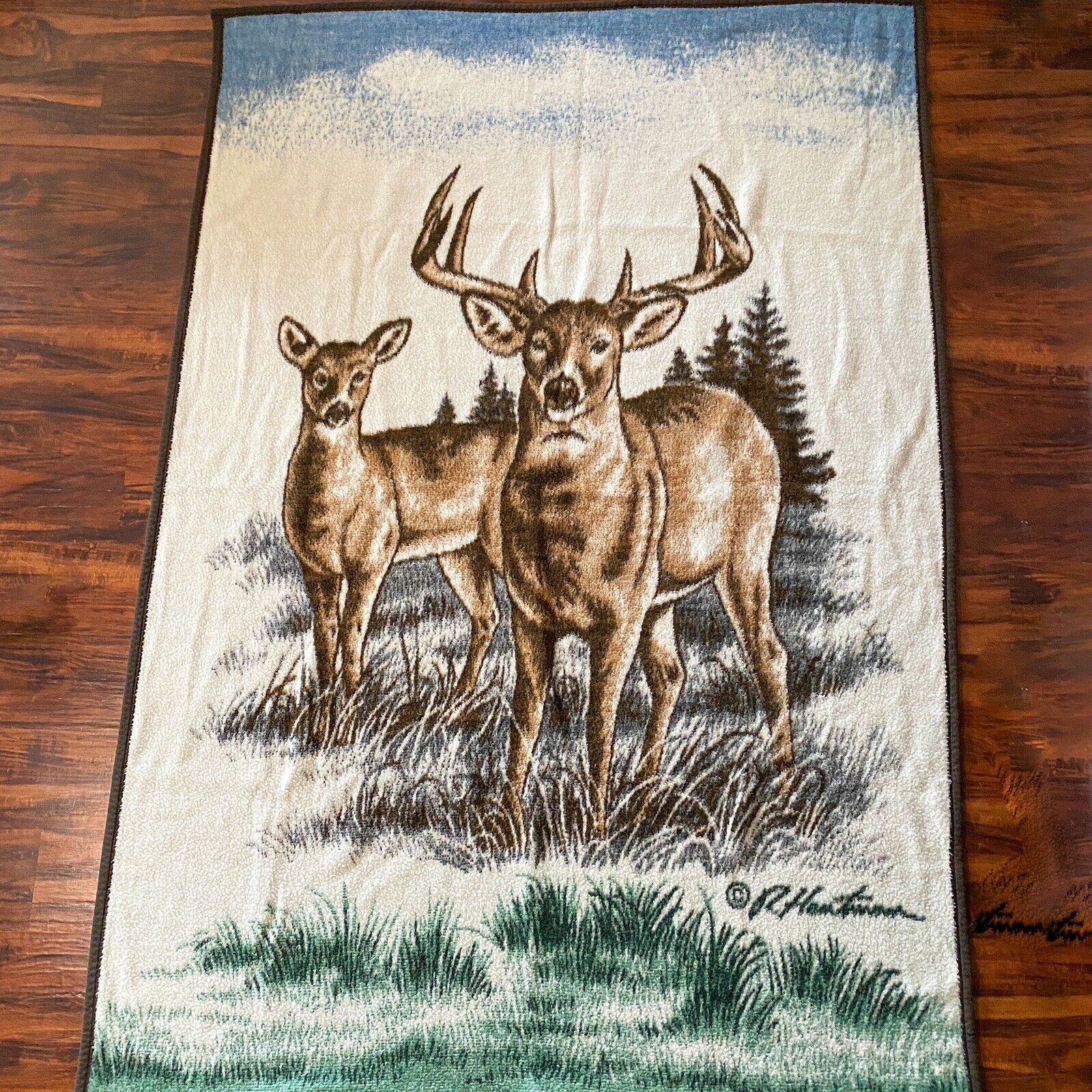 Vtg Reversible Biederlack Throw Blanket James Hautman Deer Buck Doe 72”x52”