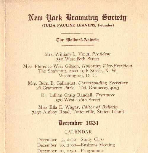 Waldorf Astoria Hotel Robert Browning Society 1924 New York Meeting Program