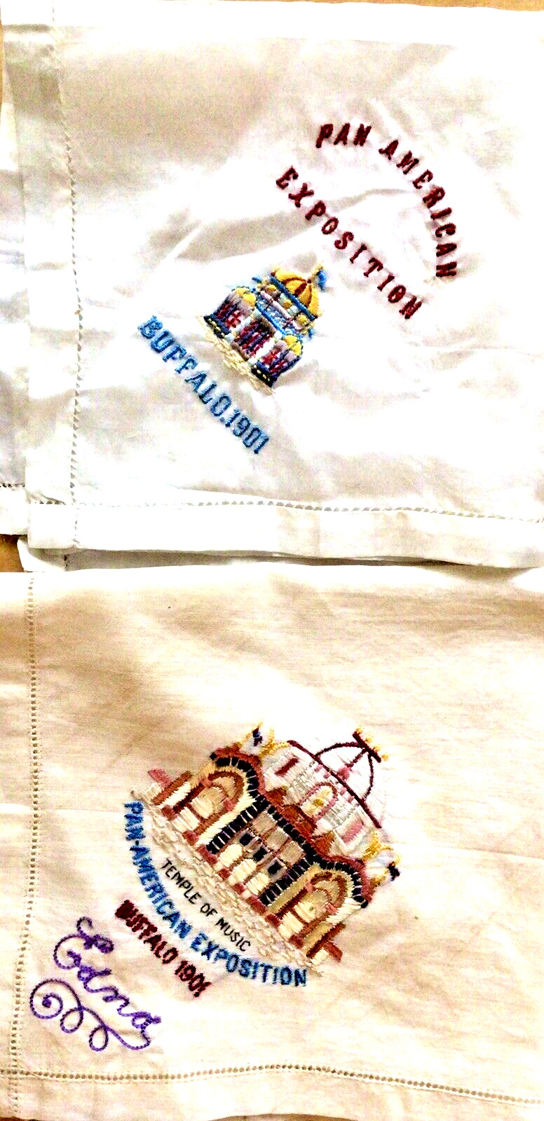 2 Pan American Exposition 1901,Embroidered  Handkerchiefs,ca. 12 1/2 In.² “Edna”