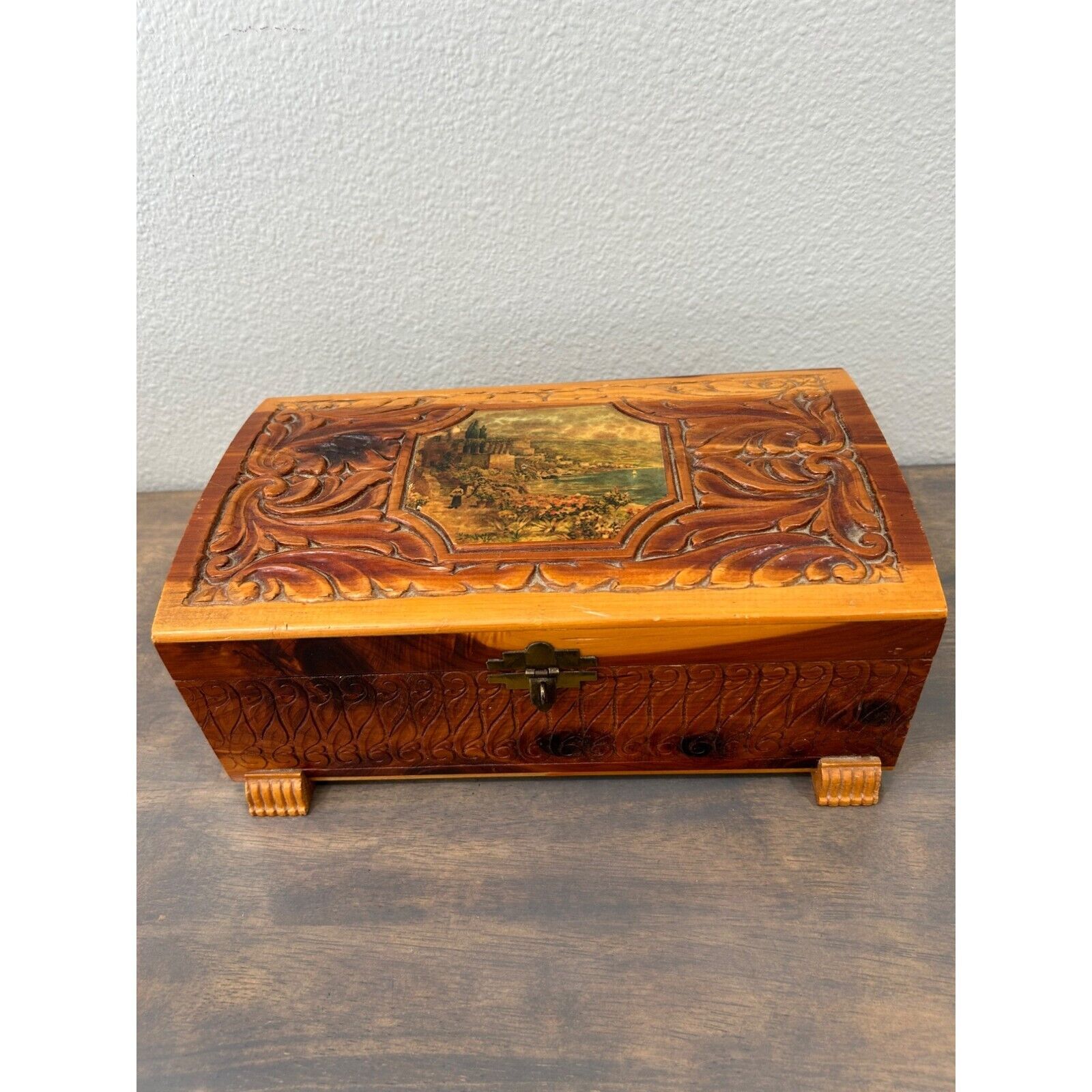 Vintage Hand Carved Cedar Wood Jewelry Box with Mirror and latch