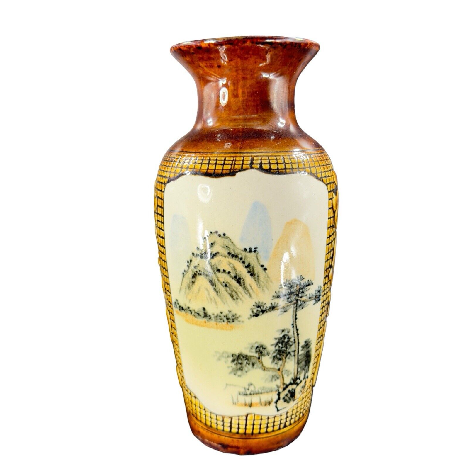 Vintage 1980s Oriental Ceramic Tall Vase Vessel Brown Glazed With Symbols Vtg